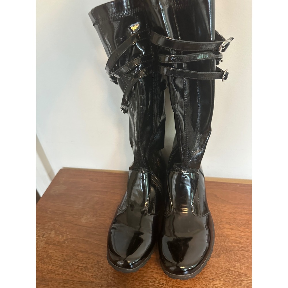 Primigi Girls Black Patent Leather Tall Buckle Boots Rhinestone Size 34 EU